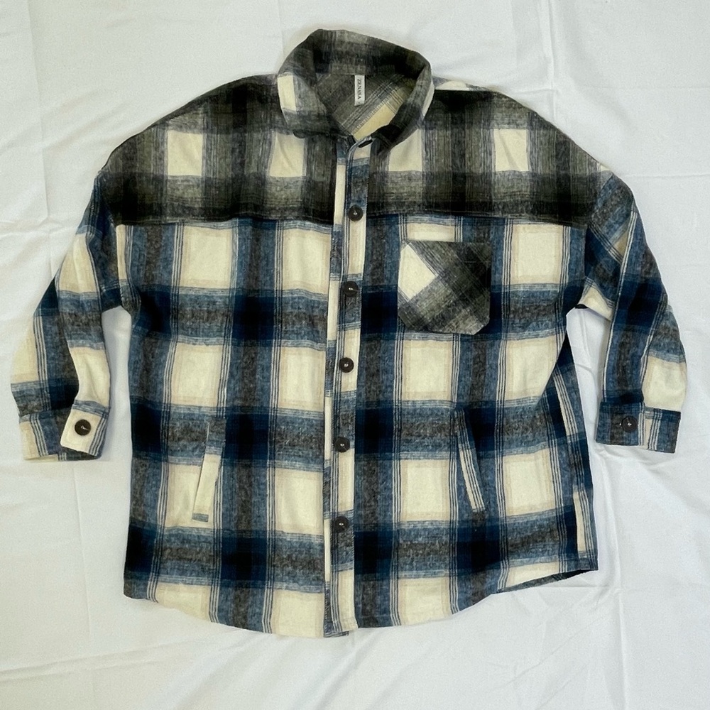 Zenana Oversized Soft Navy Blue Plaid Shacket